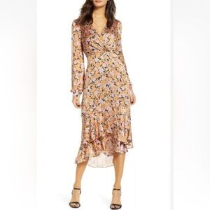 Wayf Pink Floral Wrap Midi Dress